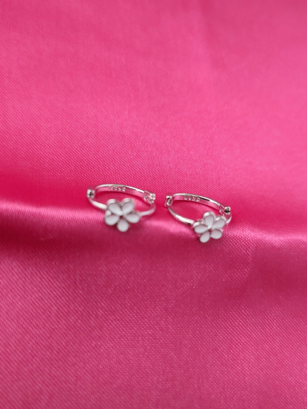925 Silver Minimalist Floral Hoop Earrings with White Enamel Flower